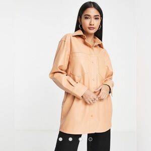 Topshop Faux Leather Shirt in Peach